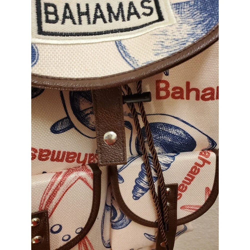 Girls Canvas Drawstring Backpack Bahamas Graphic Print Beige/Blue, Studs